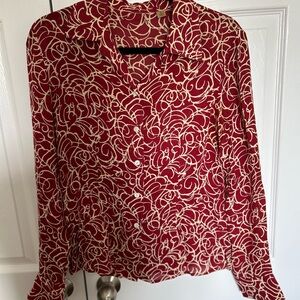 Red and White Button Down Shirt with Notched Collar